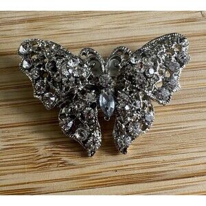 Vintage Rhinestone Butterfly Brooch Silver Tone Filigree Wing Insect Pin